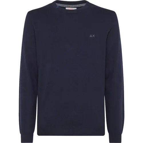 Herren Navy Runder Einfarbiger Pullover , Herren, Größe: M - Sun68 - Modalova