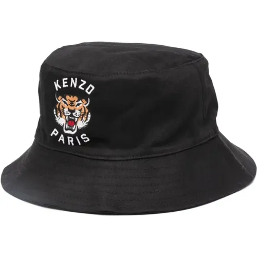 Schwarzer Bedruckter Bucket Hut mit Besticktem Logo - Kenzo - Modalova