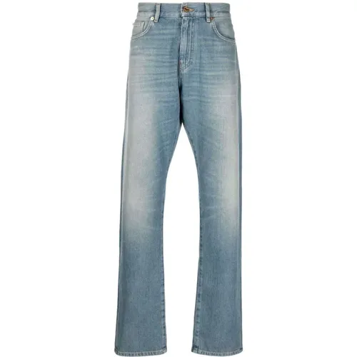 Gewaschene Straight-Leg Jeans mit Lederdetails , Herren, Größe: W32 - Versace - Modalova