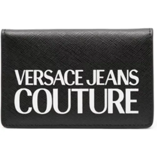 Schwarzes Lederportemonnaie mit weißem Logo-Druck - Versace Jeans Couture - Modalova