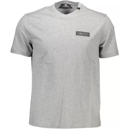 Graues Baumwoll-T-Shirt, Kurzarm, Rundhals, Rückendruck , Herren, Größe: M - Plein Sport - Modalova