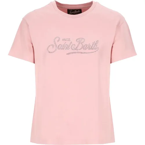 Rosa Baumwoll-T-Shirt mit Strass-Logo , Damen, Größe: S - Saint Barth - Modalova