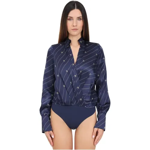 Blauer Georgette Diagonalstreifen Langarm-Top - Elisabetta Franchi - Modalova