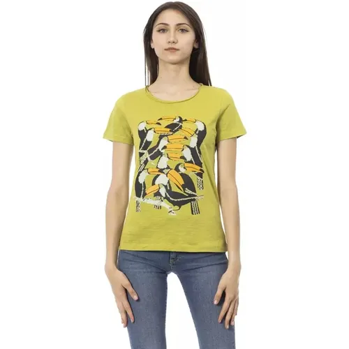 Elegantes grünes Tee mit Frontprint , Damen, Größe: L - Trussardi - Modalova