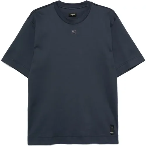 Blau Logo Plaque Crew Neck T-shirt , Herren, Größe: M - Fendi - Modalova