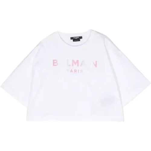 Weiße Cropped T-Shirt mit Pinkem Logo - Balmain - Modalova