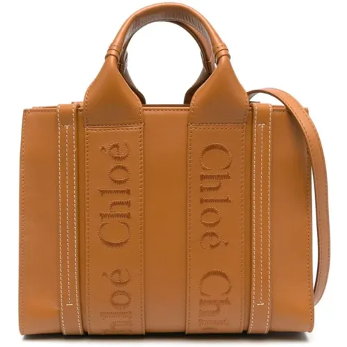 Braune Leder-Tote-Tasche mit Logodetails - Chloé - Modalova