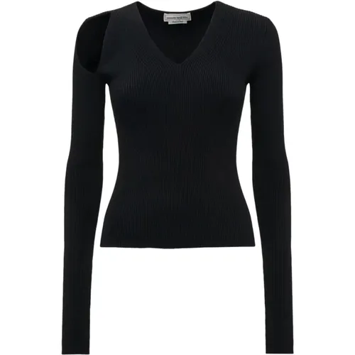 Ribbed Stretch Wool Sweater with Oblique Shoulder Cut-Out , female, Sizes: S, M - alexander mcqueen - Modalova