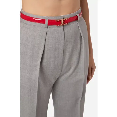 Pearl Grey Patent Leather Belted Pants , female, Sizes: L - Elisabetta Franchi - Modalova