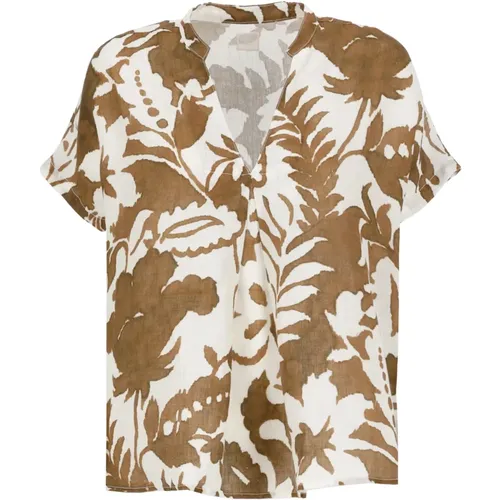 Brown Linen Shirt Round Neck Short Sleeves , female, Sizes: XL - 120% lino - Modalova