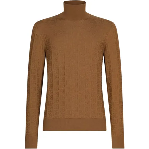 Logo-Embroidery Knitted Turtleneck in Camel , male, Sizes: XL, 2XL, L, M, S - Dolce & Gabbana - Modalova