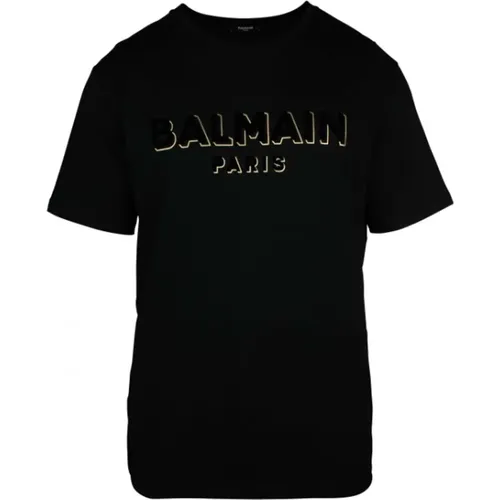 Schwarzes Oversized T-Shirt mit Texturiertem Logo , Herren, Größe: L - Balmain - Modalova