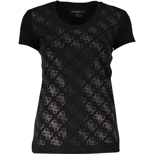 T-Shirt mit kurzem Ärmel und Strass-Logo , Damen, Größe: L - Guess - Modalova