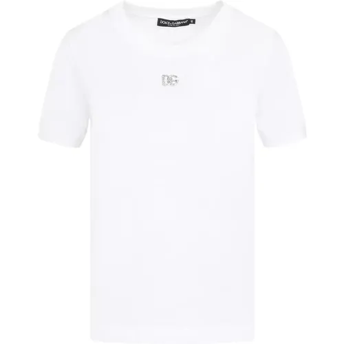 Weiße Baumwoll-T-Shirt mit Kristall-Monogramm , Damen, Größe: XS - Dolce & Gabbana - Modalova