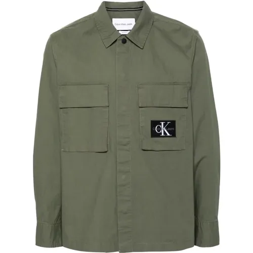 Militärgrünes Baumwollhemd CK-Logo , Herren, Größe: M - Calvin Klein Jeans - Modalova