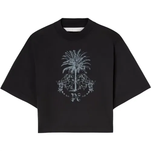 Schwarzes Baumwoll-T-Shirt mit Kontrastdruck , Damen, Größe: L - Palm Angels - Modalova