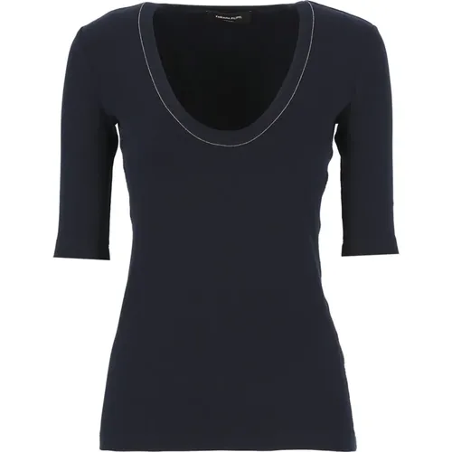Dunkelblaues U-Ausschnitt Baumwoll-T-Shirt mit hellen Lichtpunkt-Details , Damen, Größe: S - Fabiana Filippi - Modalova