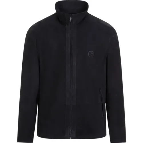 Navy Suede Leather Jacket , male, Sizes: XL, L - Giorgio Armani - Modalova