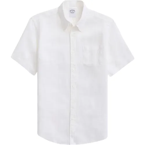 Weißes Regular Fit Irisches Leinen Kurzarm-Sportshirt mit Button-Down-Kragen , Herren, Größe: M - Brooks Brothers - Modalova