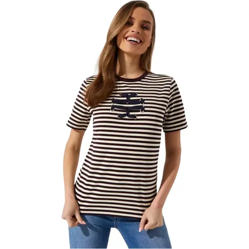 Braun Gestreiftes Logo-T-Shirt , Damen, Größe: S - TORY BURCH - Modalova