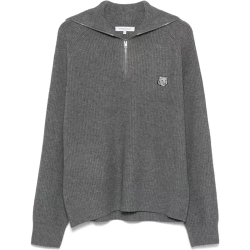 Fox Head Zipped Jumper Sweater Grey , male, Sizes: L, S, M - Maison Kitsuné - Modalova