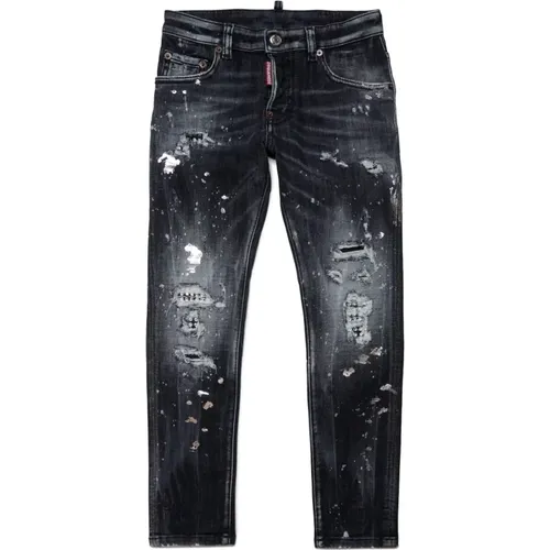 Schwarze Skinny Jeans mit Strasssteinen - Skater,Kinder Distressed Jeans Klassisches Design - Dsquared2 - Modalova