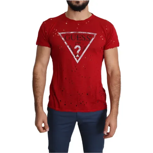 Rotes Baumwoll Logo Print Casual Top , Herren, Größe: L - Guess - Modalova