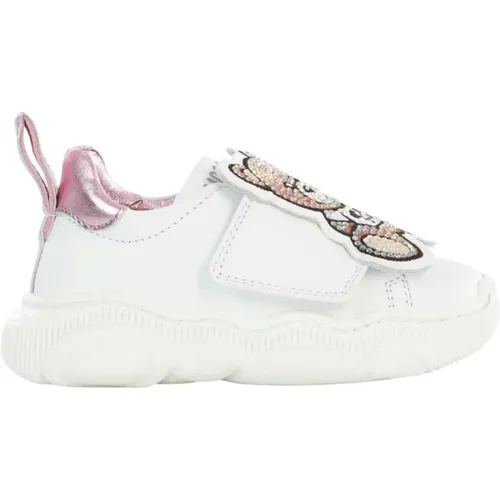Weiße Ledersneakers mit Teddybär-Patch und pinkem Laminat-Einsatz - Kinderkollektion - Moschino - Modalova