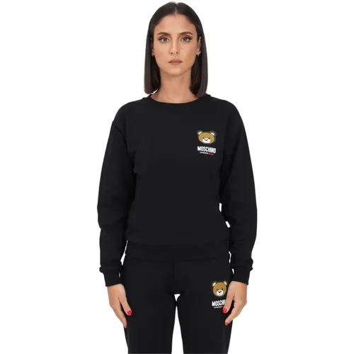 Schwarzer Sweatshirt mit Logo und kleinem Teddy für Frauen , Damen, Größe: L - Moschino - Modalova