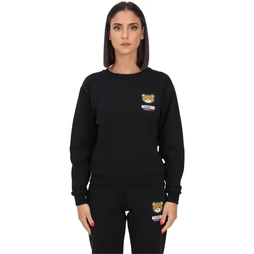 Schwarzer Sweatshirt mit Logo und kleinem Teddy für Frauen - Moschino - Modalova