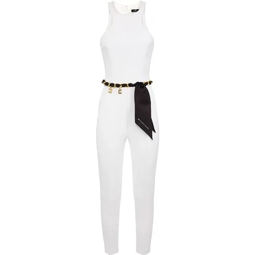 Ivory Double Crepe Jumpsuit with Long Sleeves , female, Sizes: L, XS, M - Elisabetta Franchi - Modalova