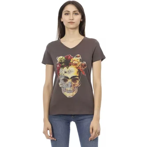 Cotton V-Neck T-Shirt with Front Print , female, Sizes: L, 2XL, XS, S, XL, M - Trussardi - Modalova