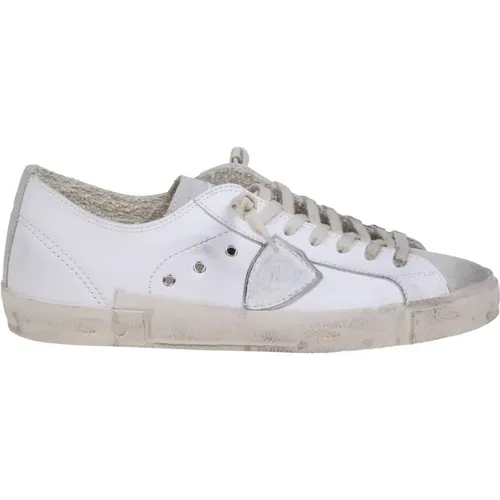 Weiße/Graue Ledersneakers mit Vintage Schnürverschluss , Herren, Größe: 40 EU - Philippe Model - Modalova