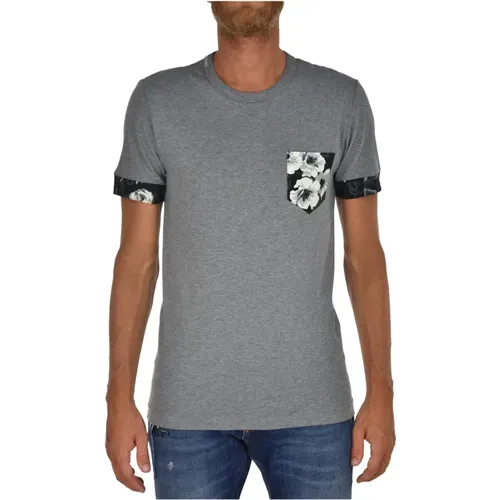 Grey Men`s Cotton T-shirt with Floral Pocket , male, Sizes: XS - Dolce & Gabbana - Modalova