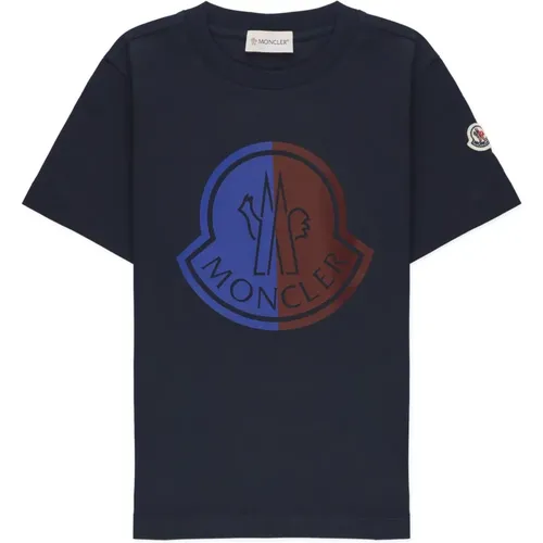 Blaues Baumwoll-T-Shirt mit Logoaufdruck - Moncler - Modalova