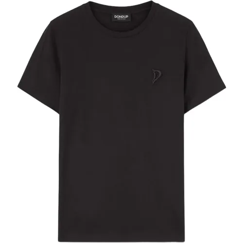 Schwarzes T-Shirt mit Rundhalsausschnitt und gesticktem D-Logo , Damen, Größe: L - Dondup - Modalova