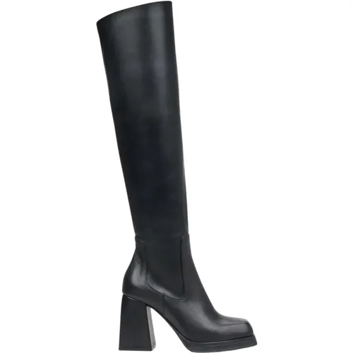 Klassische Schwarze Leder Kniehohe Stiefel , Damen, Größe: 40 EU - Estro - Modalova