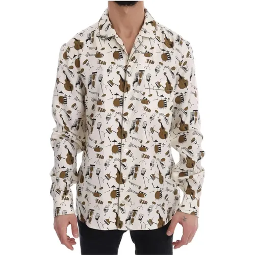 Seiden Jazz Hemd - Weiß mit Gold und Schwarzem Druck , Herren, Größe: L - Dolce & Gabbana - Modalova