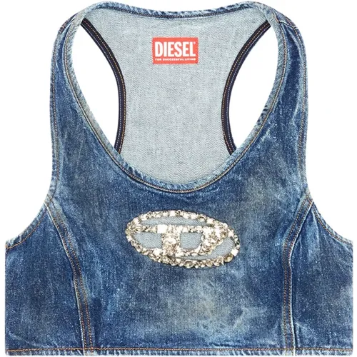 Verkürztes Top aus Denim mit Strassplakette , Damen, Größe: M - Diesel - Modalova