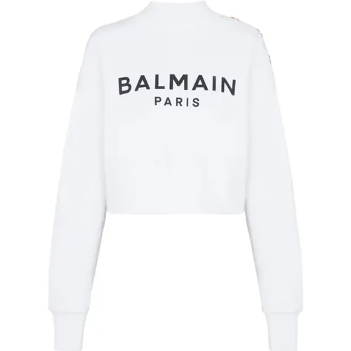 Kurzes Sweatshirt aus Ã–ko-Baumwolle mit aufgedrucktem -Logo , Damen, Größe: M - Balmain - Modalova