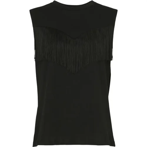 Cotton T-shirt with Fringes , female, Sizes: L, M - pinko - Modalova