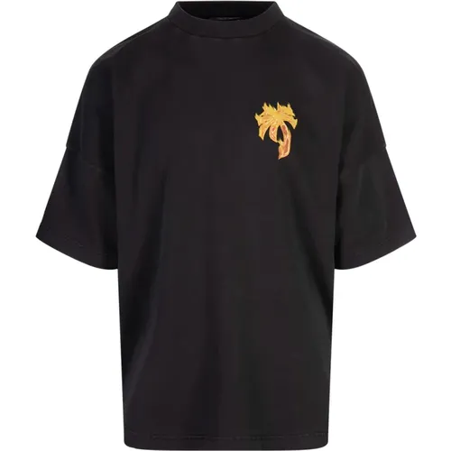 Goldene Flammen Oversize T-shirt Grau , Herren, Größe: S - Palm Angels - Modalova