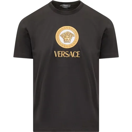 Schwarzes T-Shirt mit Rundhalsausschnitt und gesticktem Medusa-Logo - Versace - Modalova