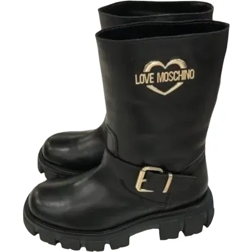 Schwarze Leder Flache Schuhe mit Knöchelriemen , Damen, Größe: 37 EU - Love Moschino - Modalova