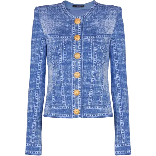 Strickjacke aus Jacquard mit Trompe-l'œil-Denim - Balmain - Modalova