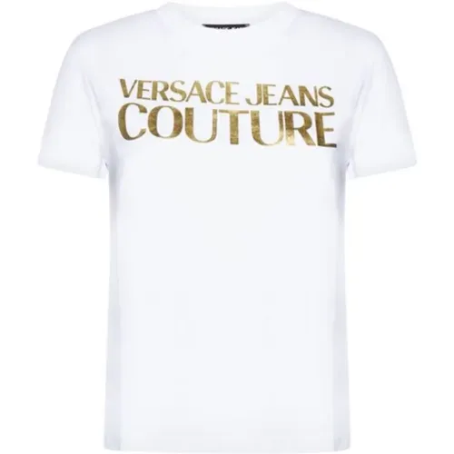 Gold Logo Weißes T-Shirt Damen Couture , Damen, Größe: S - Versace - Modalova