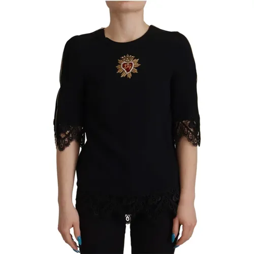 Schwarze Cady-Bluse mit Spitzenbesatz und Perlenverziertem Logo - Dolce & Gabbana - Modalova