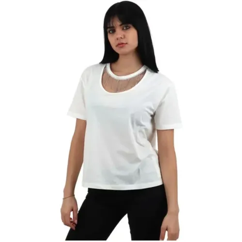 Short-sleeve T-shirt with rhinestone pendants , female, Sizes: XS, S, M - Liu Jo - Modalova