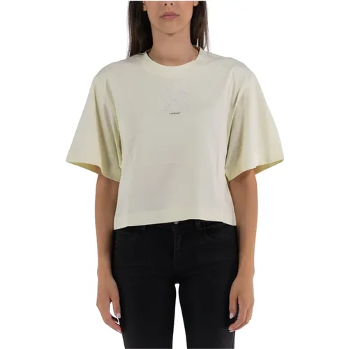 Kurzes T-Shirt mit kleinen Pfeilperlen Off - Off White - Modalova