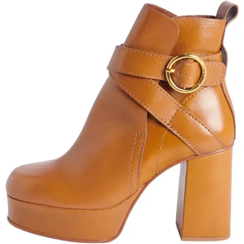 Braune Leder Stiefeletten mit gekreuzter Schnalle , Damen, Größe: 40 1/2 EU - See by Chloé - Modalova